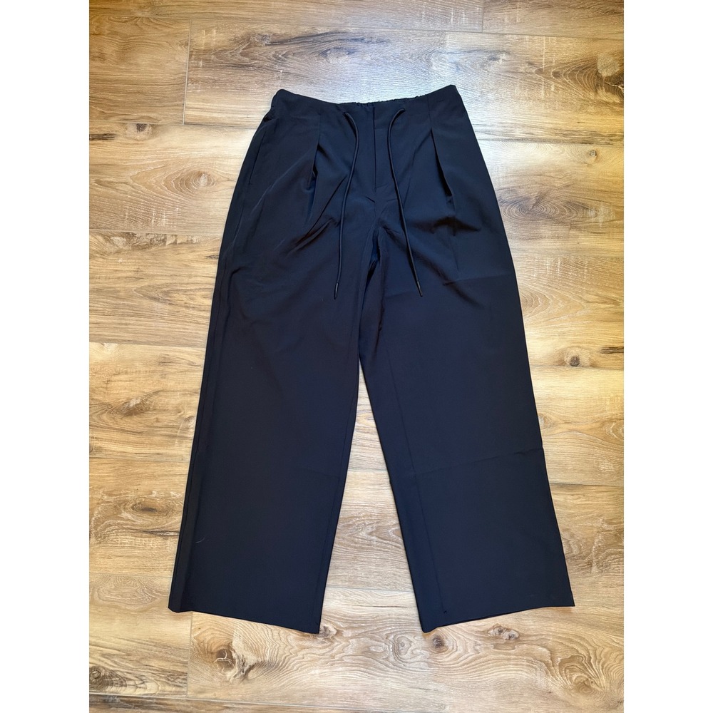 Black Wide Leg Pants Womens Medium Smooth Black Drawstring Pleated Smart Casual
